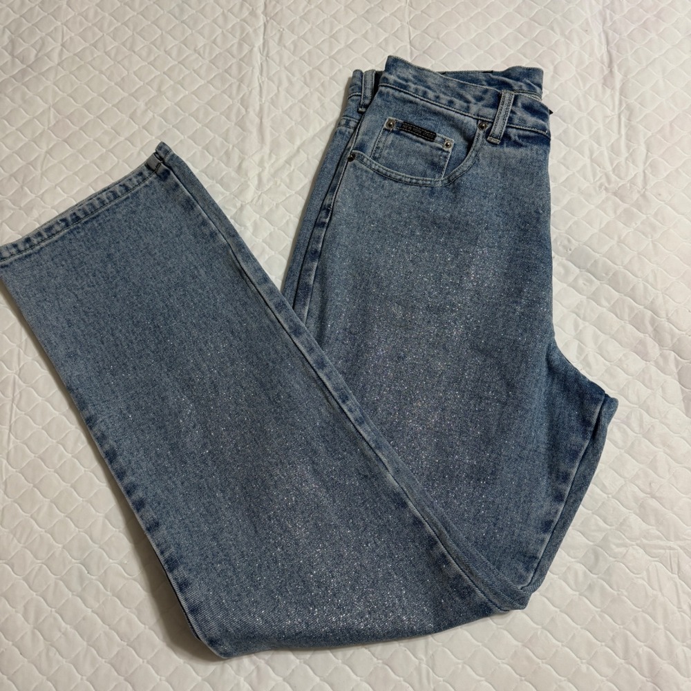 NY Jeans New York Company Silver Glitter Shimmer Straight Leg Jeans Blue 10 Vtg